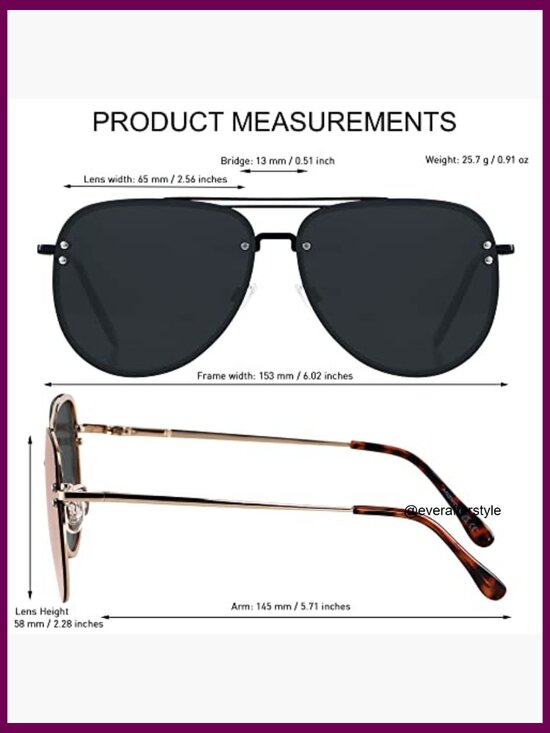 Oversized Aviator Sunglasses Rimless Metal Frame UV400 Protection